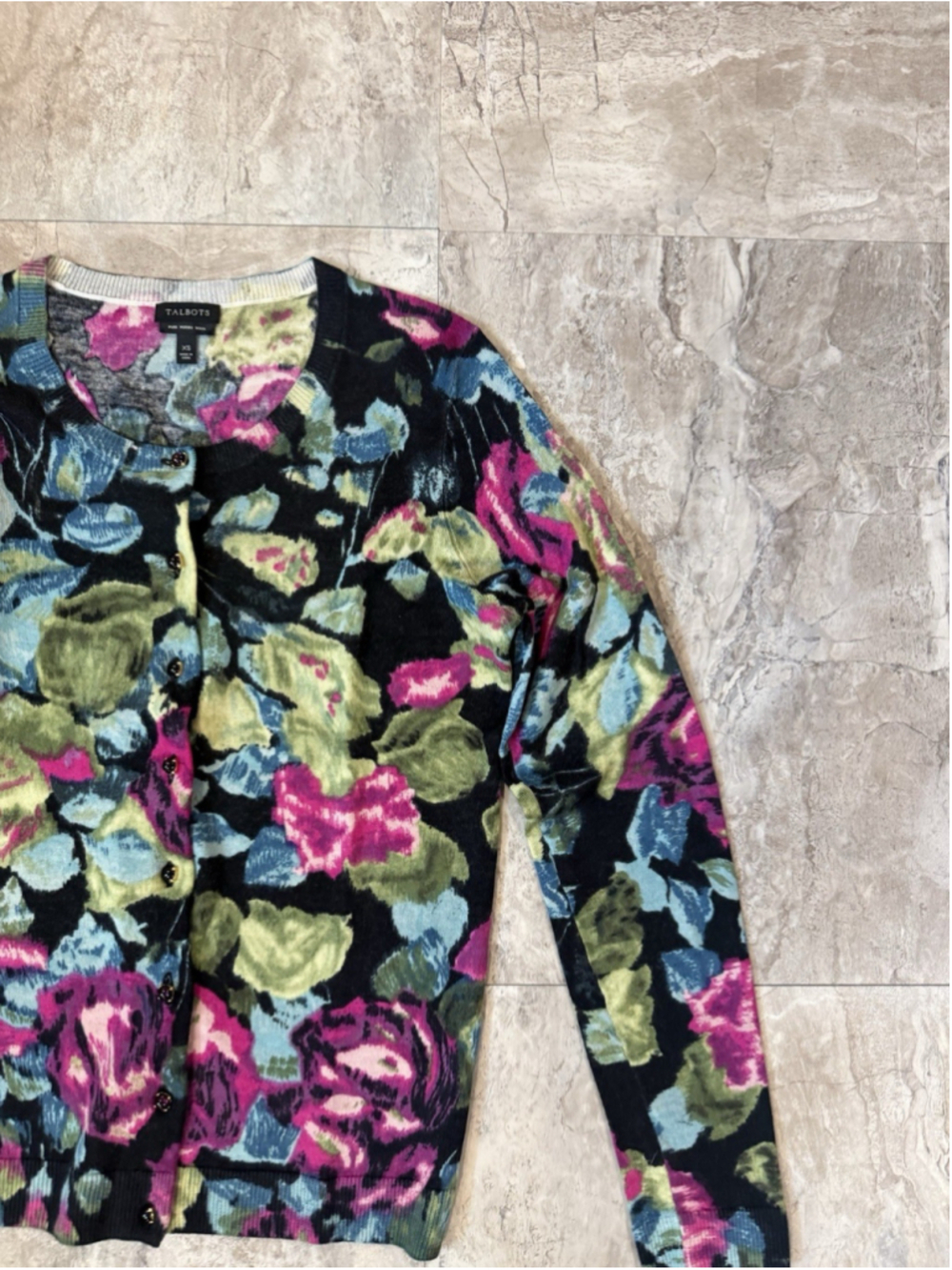 TALBOTS 100% Merino Wool Vibrant Floral Cardigan Sweater Lightweight XS